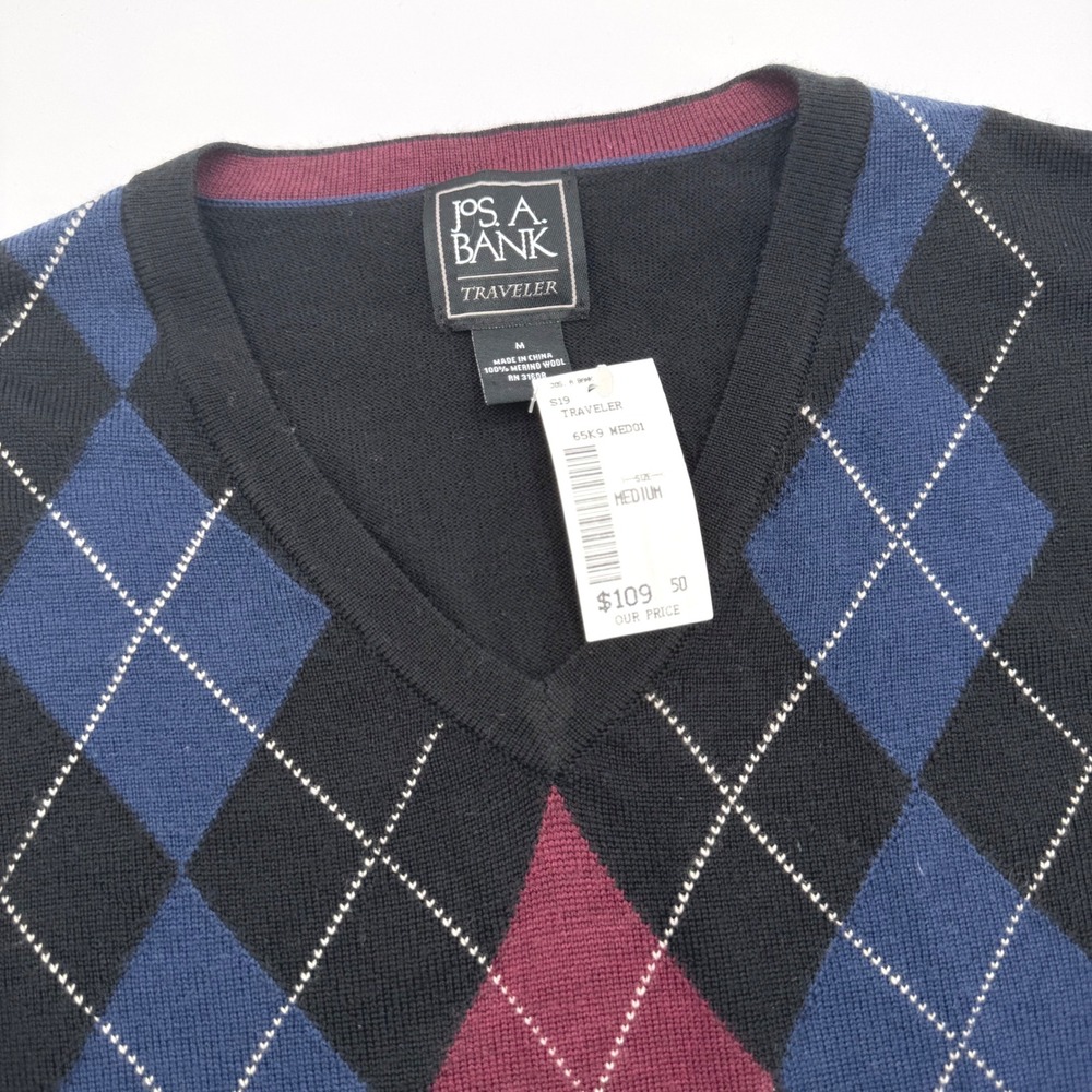 Jos A Bank Traveler Mens Medium Argyle V-Neck Sweater Black 100% Merino Wool New